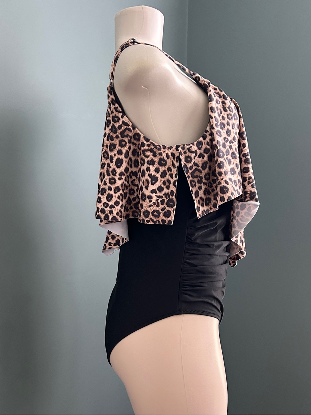 Leopard Print Ruffled One-Piece Top Overlay Body Ruching Size XL - Picture 4 of 8